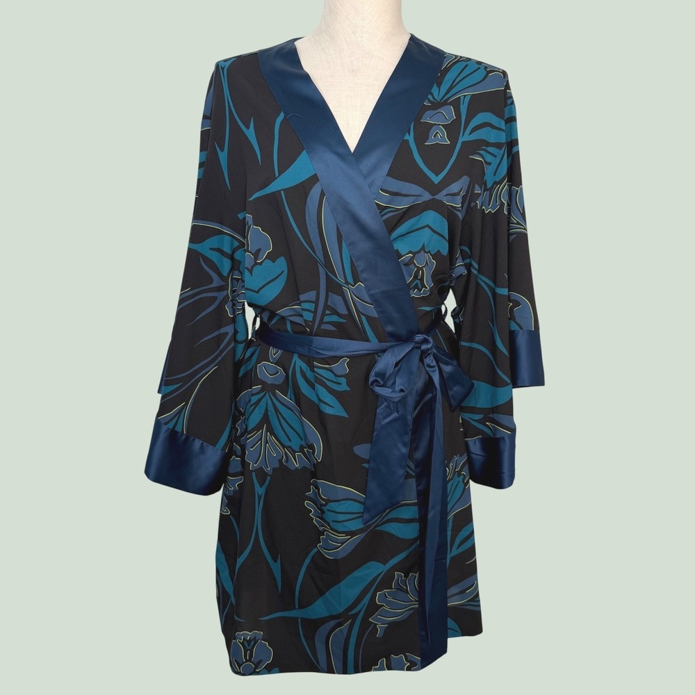 Soma Women Floral Wrap Robe Black Teal Blue Kimono Sleeve Small Medium